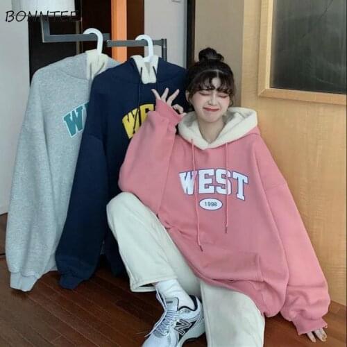 Sweatshirts Womens Thicker Plus Velvet Letter Loose Student Warm Korean Style Winter Front Pocket Ladies Hoodies Daily Fashion