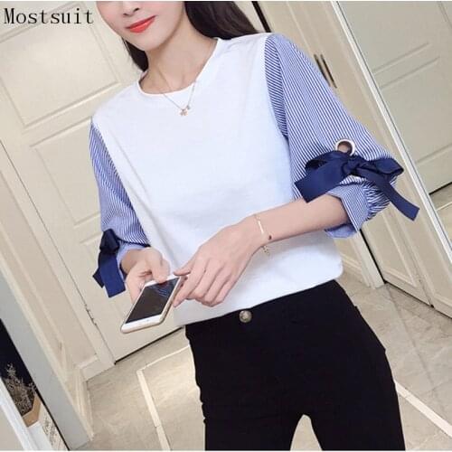Spring Autumn Cotton Striped Shirt Tops Fake Two Pieces Bow Patchwork Casual Pullovers Office Korean Plus Size Shirt Blusas 2018