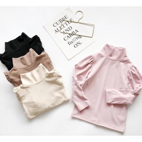 Spring Autumn WarmToddler Kid Baby Girl T shirt Solid Color Underwear T-shirt Half High Neck Long Bubble Sleeves Tops