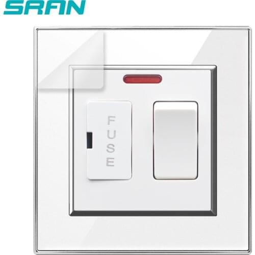 SRAN UK 13a power switch with fuse,white/black/gold Crystal acrylic panel 86mm*86mm with Red led indicator wall switch