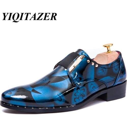 YIQITAZER 2019 Fashion Patent Leather Dress Shoes Man,Summer Pointed Toe Designer Formal Derby Men Shoes Blue Brown Size 6.5-9