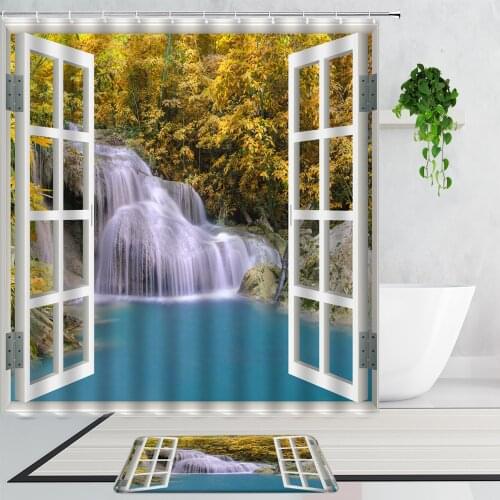 Window Waterfall Scenery Shower Curtains Yellow Forest Cliff European Style Bathroom Curtain Set Non-Slip Bath Mats Carpet Rugs