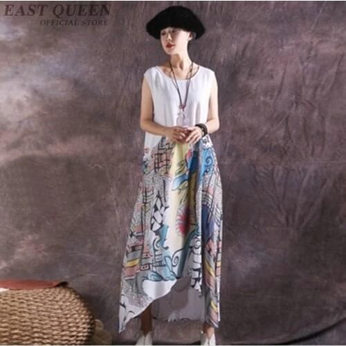 Women asymmetric dresses floral linen moden chinese style dress sundresses chic mexican hippie ethnic style dress AA4097