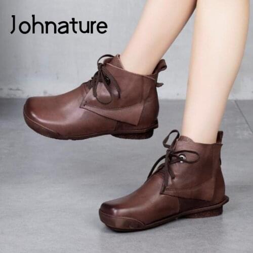 Johnature Women Boots 2021 New Women Shoes Genuine Leather Lace-up Round Toe Flat With Sewing Handmade Ankle Platform Boots