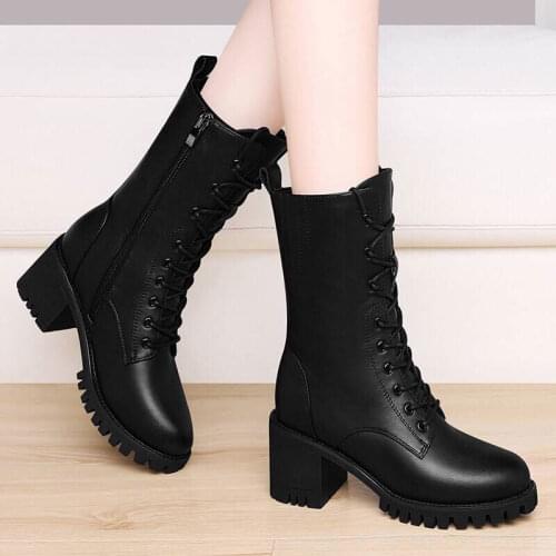 New Winter Boots Women Knee High Long Boots Leather Fashion Lace-Up Snow Boots Non-Slip Black Boots Shoes Woman