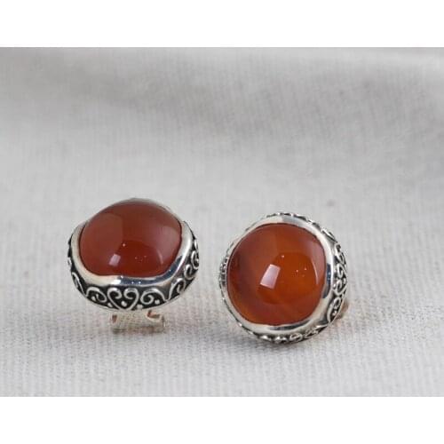 FNJ Vintage Stud Earrings 925 Silver Original Pure S925 Sterling Silver Earring Women Jewelry Natural Red Agate Simple