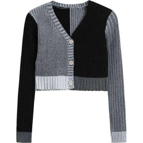 Womens Cardigan Sweater With Patchwork Asymmetrical Long-sleeve V-neck Knit Blouse Urban Fashion Elegant Chic 2021 Casual