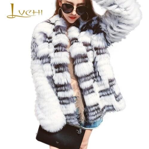 LVCHI Winter 2019 Contrast Color Real Fox Fur Coats Real Natural Fox Fur Coat Womens Gradient V-Neck Short Striped Fox Coats