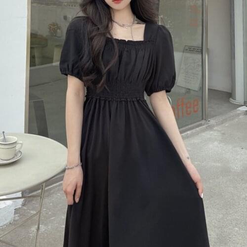 HOUZHOU Black Vintage Midi Dress Elegant Summer Women Dress Square Collar Puff Sleeve Oversize Loose Casual Sundress Robe Femme