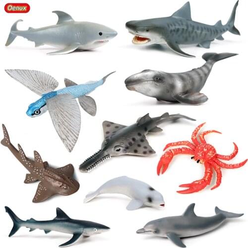 Oenux 10PCS Sea Life Animals Whale Shark Carb White Whale Model Action Figure Ocean Marine Dolphin PVC Figurines Toy Kids Gift