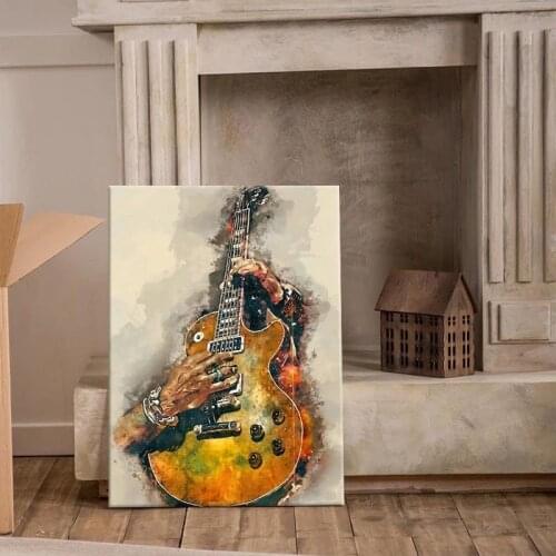100% Hand Painted Oil Painting Nordic Guitar Abstract Rock Music Artwork Retro Painting Canvas Living Room Wall Art Home Decor