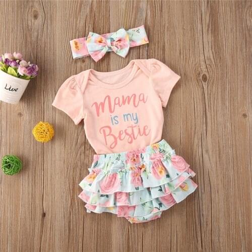 2021 Cute Toddler Clothes Infant Baby Girl Cotton Casual Letter Bodysuit Ruffle Floral Shorts Headband 3pcs Outfits Set Clothing
