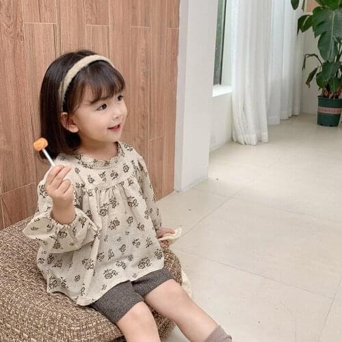 2021 Spring Autumn 1-6 Years Child Crew-Neck Flower Print Kids Baby Girl Linen Cotton Blouses Toddler Girl Puff Sleeve Top