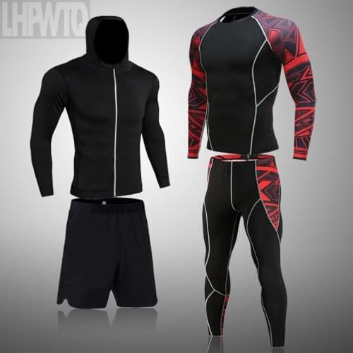 New 4 Pcs Set Mens Workout Sports Suit Gym Fitness Compression Clothes Running Jogging Wear Exercise Rash Guard Men