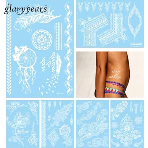 6 Pieces Temporary White Tattoo Sticker Flower Dreamcatcher Jewelry Style Adult Makeup Decor Tool Bracelet Tattoo Body Art Decal