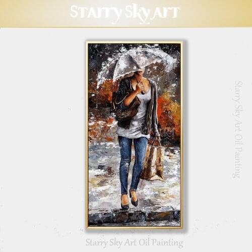 Pure Hand-painted High Quality Abstract Impressionist Lady Acrylic Painting Lady with Umbrella Walking in Rainy Acrylic Painting