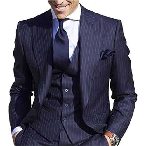 Formal Pinstripe Men Suit Set Wedding Peaked Lapel Stripe Jacket Vest Pants 3 Pieces Groom Wear Business Smoking Masculino