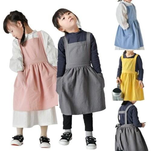 Kids Japanese Cotton Linen Bib Apron Kitchen Baking Uniform Side Pocket Boys Girls Craft Aprons Painting Cooking Baby Pinafore