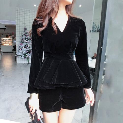 Elegant VeletTwo Piece Sets Women Summer V-Neck Long Sleeve Tops+Shorts Female Office Suits Set Womens Costumes