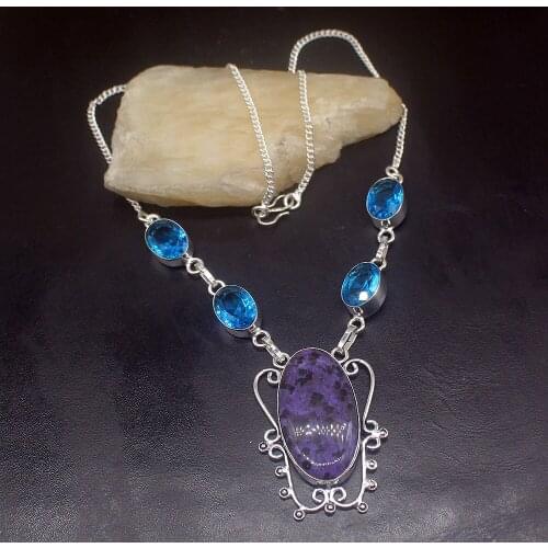 Gemstonefactory Jewelry Big Promotion 925 Silver Dalmatian Jasper Ocean Blue Topaz Ladies Women Chain Necklace 44m 202101739