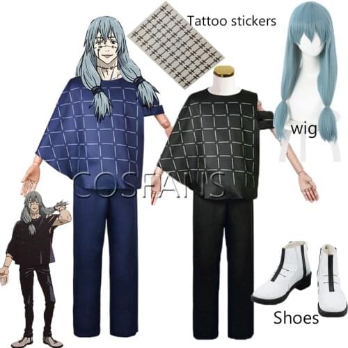 Anime Jujutsu Kaisen Mahito Costume Adult Men Loosen Tops Pants Full Sets Suit Halloween Party Outfit Wig shoes Tattoo stickers