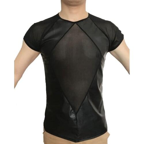 Newest PU Leather T Shirts Men Undershirts Sexy Fitness Tops Gay T-shirt Tees Mens Stage T-shirt O-Neck Sexy Men Casual Clothes