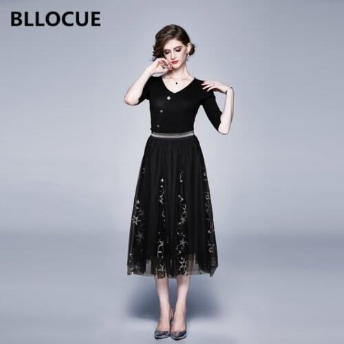 BLLOCUE 2020 New Autumn Women Elegant Black Knit Pullovers Sweater + Embroidery Mesh A-line Skirt Two Piece Set