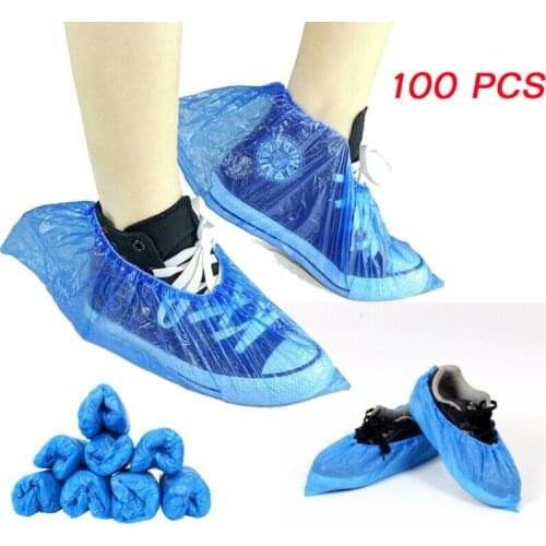 100Pcs Disposable Blue Shoe Covers Non Slip Floor Protectors One Size Overshoes Boot Plastic Waterproof Durable Shoe Cover