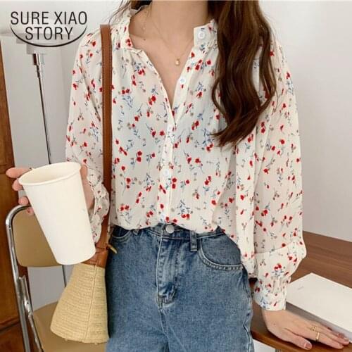 2020 Autumn Floral Print Puff Sleeve Women Shirts Casual Plus Size Loose Chiffon Blouse Women Cardigan Ladies' Tops Blusas 10316