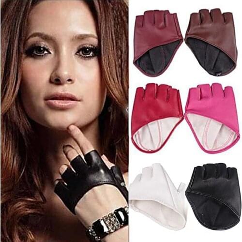 Fashion Woman Tight Full Finger Gloves Imitation PU Leather Sexy Mittens Half Palm Party Lady Short Show Gloves Black New Hot