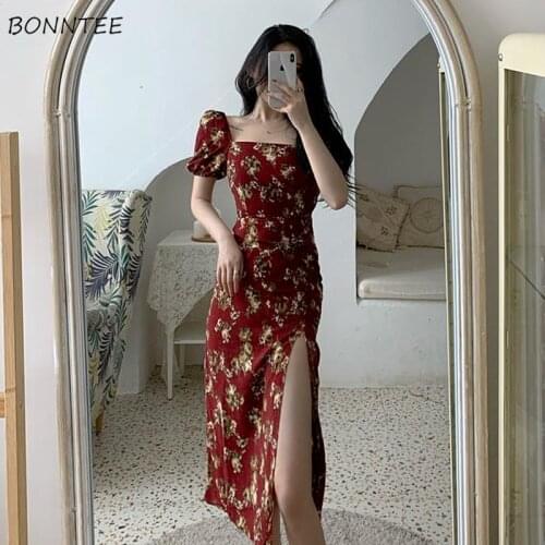 Short Sleeve Dress Women Retro Korean Style Hot Sale Female Elegant Square Collar floral Cozy Summer A-line Girls Empire Leisure
