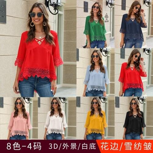 Summer New Chiffon Lace Hollow Loose Chiffon Shirt Sexy Deep V-neck Solid Color Casual Loose Large Size Lace Chiffon Shirt