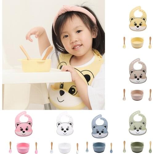 4 Pcs/set Silicone Baby Feeding Bowl Tableware Sets Cute Bear Waterproof Dinner Plate Wood Fork Spoon Non-Slip for Babies Bib