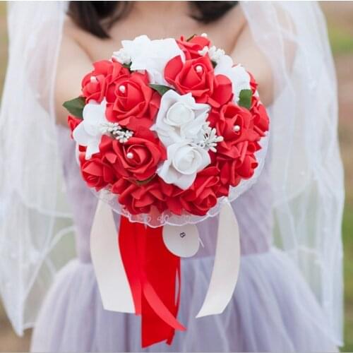 Wedding Bouquet Bridal Bridesmaid Artificial Silk Rose Flowers with Lace Fake Flowers Romantic Party Supplies Wedding Decoration