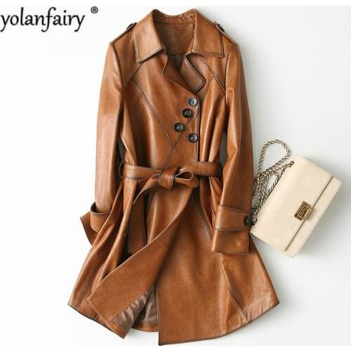 Womens Leather Jacket Genuine Leather Coat Spring Autumn 100% Real Sheepskin Coat Long Korean Clothes Vintage 2020 KQN29052-1