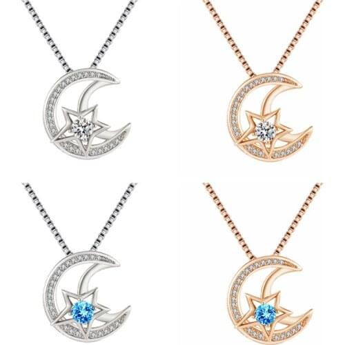 Fashion Rose Gold Crystal Moon Star Pendant Necklaces For Women Jewelry Trendy S925 Necklace Girl Choker Accessories Shiny Bijou