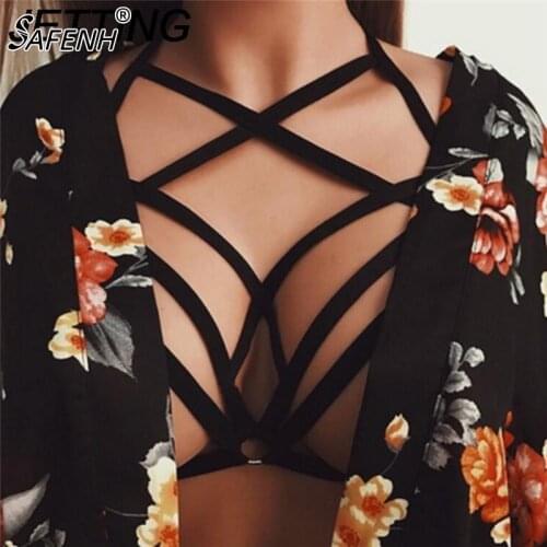 Sexy Goth Women Hollow Out Elastic Bandage Cage Strappy Halter Cupless Bra Bustier Crop Tops