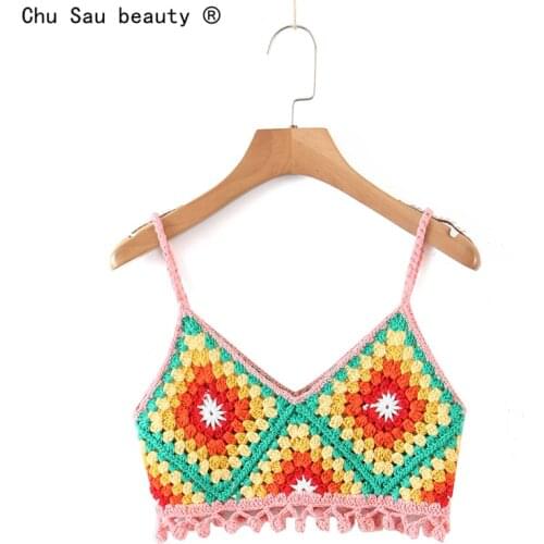 Vintage Ethnic Style Weave Camisole 2021 Summer Women New V-Neck Hollow Sexy Short Vest Casual Color Knitted Crop Top