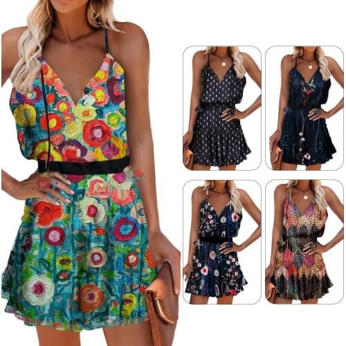 Sling Dress Spaghetti Straps Floral Print Women V Neck Ruffle Hem Mini Dress for Beach
