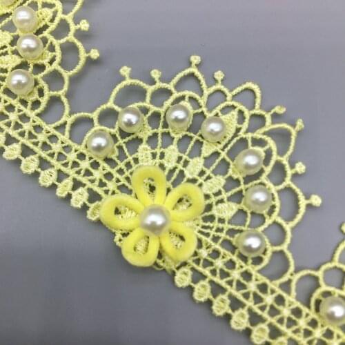 1 yard 4cm Yellow Peacock Pearl Beaded Flower Embroidered Lace Trim Ribbon Applique DIY Wedding Dress Sewing Craft Decoration