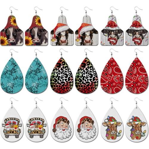 2021 Cute Santa Claus Print Leather Cow Tag Christmas Earrings for Women Girl America New Year Christmas Gifts Jewelry Wholesale