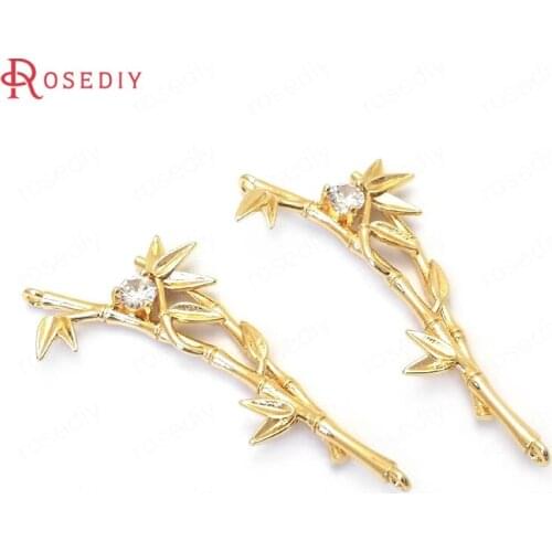 37633)6PCS 45x19MM 24K Gold Color Brass and Zircon Bamboo Charms Pendants Jewelry Making Supplies Diy Findings Accessories