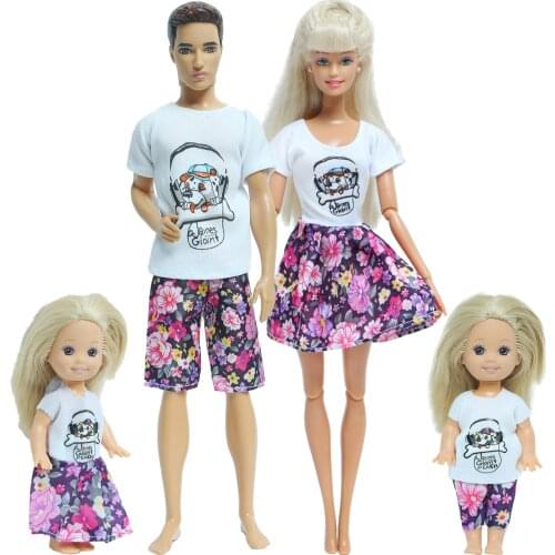 4 Set/Lot Family Doll Suits Flower Pattern Short Pants Dress Clothes for Barbie Doll for Ken Doll for Kelly Doll House Toys