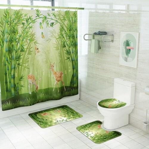 4pcs Bathroom Mat Set and Shower Curtain Toilet Carpet Non Slip Bathroom Rug Set Shower Carpet Modern Scenic Printed Toilet Rug