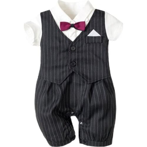 Infant Baby Boys Formal Rompers Jumpsuit for Newborn Short Sleeve Clothes Black Striped Wedding Formal Dress One Piece with Bow