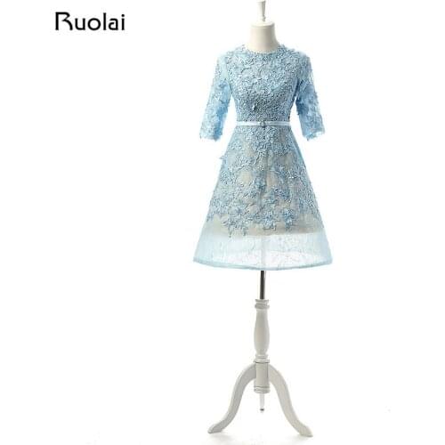 Elegant Lace Appliques Sequined Scoop Half Sleeves Knee Length Short Prom Dress Formal Party Dress Vestido corto de fiesta FP1