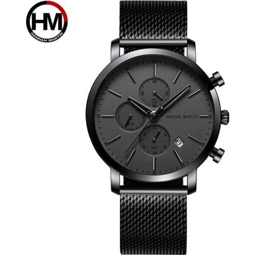 Hannah Martin HM-109 New Men Black Stainless Steel Mesh Wristwatch High Quality Multi-Function Calendar Mens Business Watch