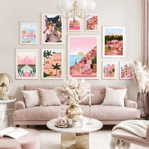 Art Canvas Painting Moroccan Print Travel Cities Poster Santorini Positano Lisbon Pink Italy Landscape Wall Pictures Home Decor
