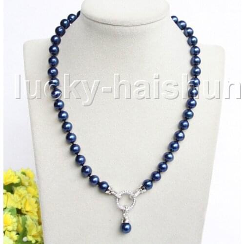JQHS 17" 10mm round navy blue freshwater pearls Beaded necklace pendant j11314