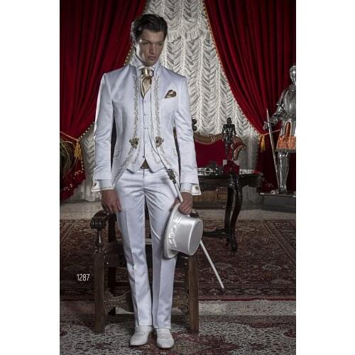 Handsome Groomsmen Embroidery Groom Tuxedos Mens Wedding Dress Man Jacket Blazer Prom Dinner (Jacket+Pants+Tie+Vest) A05